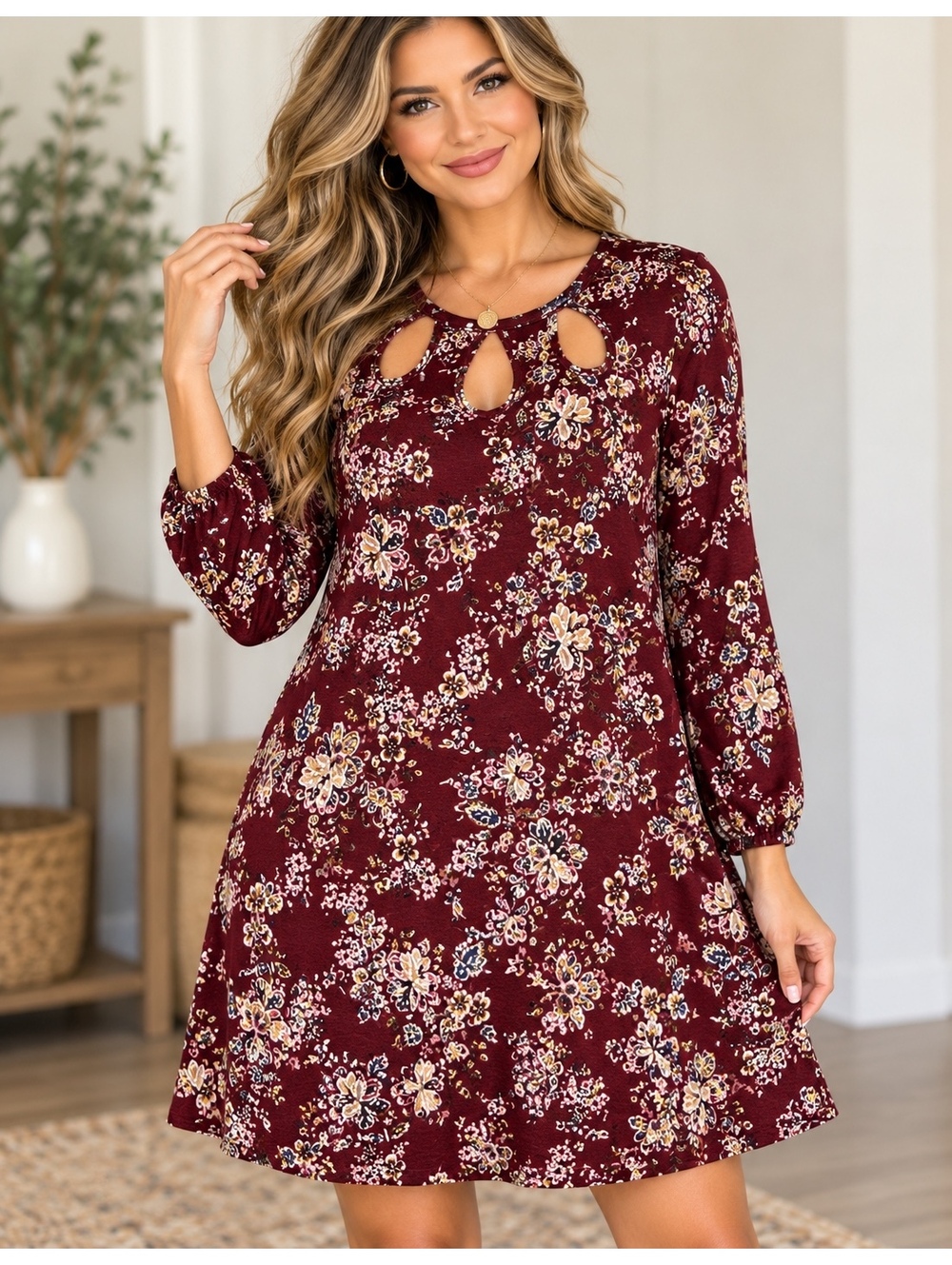 APT. 9 Women's Long Sleeve Floral Keyhole Dress - Size S